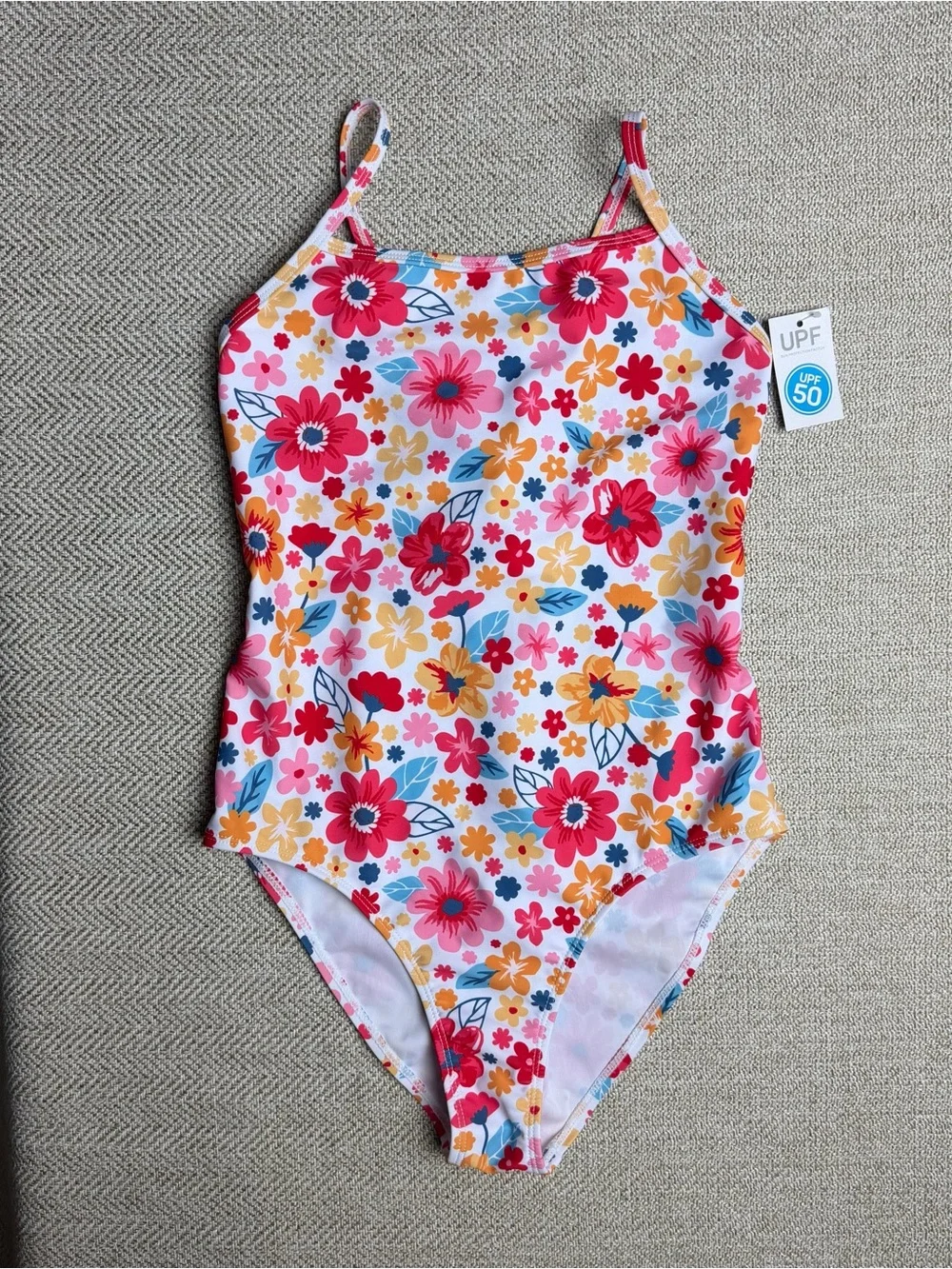 NEW Girls flower multicolor one piece swimsuit, UPF 50 protection Size 13/14